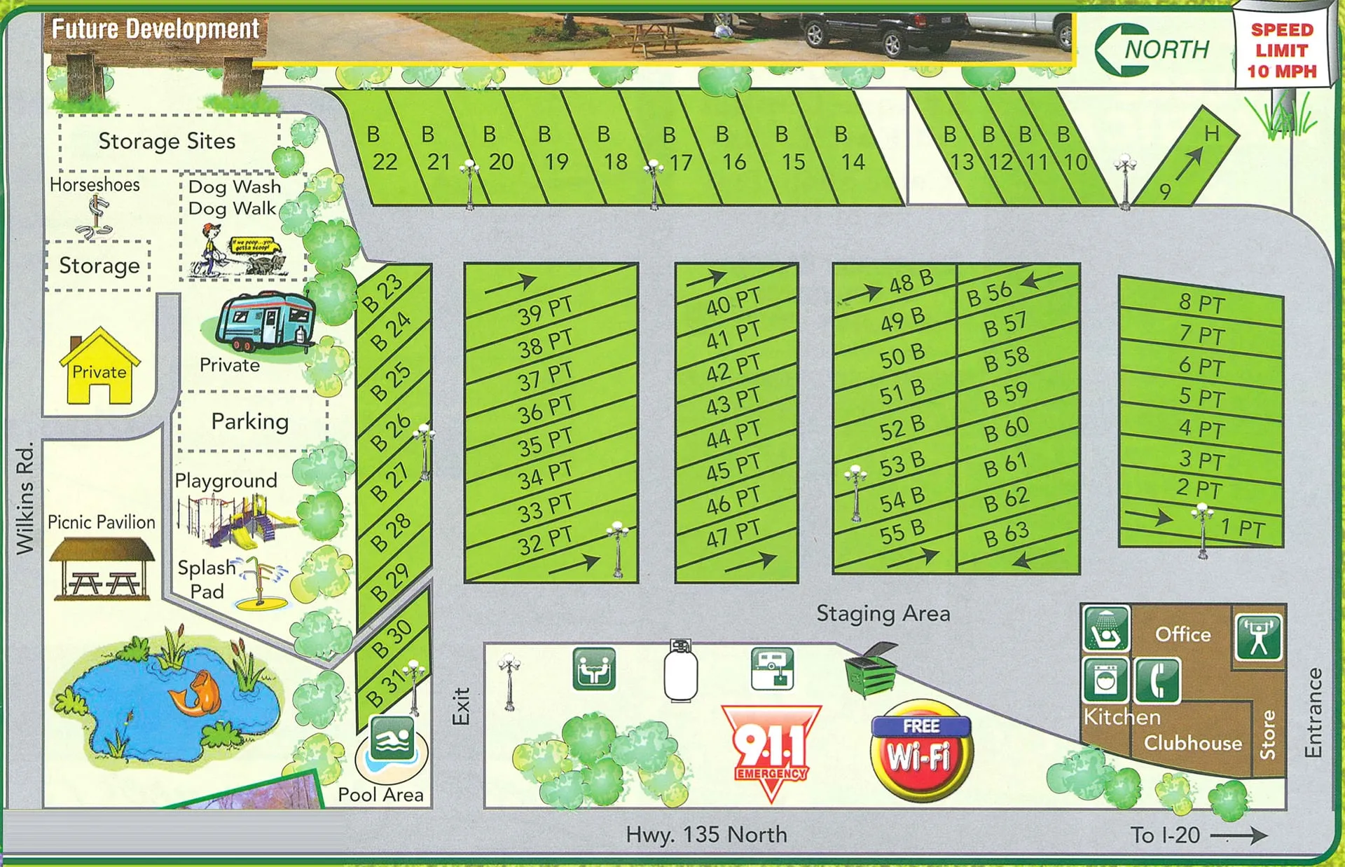 Map of Shallow Creek RV Resort showing the numbered RV sites, office, clubhouse, swimming facilities, playground, splash pad and pond